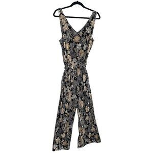 J JILL Wearever Women Plant Leaf Jumpsuit Wide Leg Sz MP Black Tan Gold 52-25